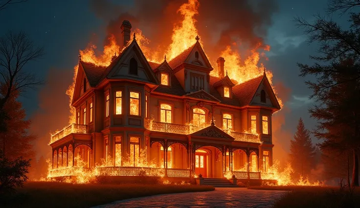 A biggest house is fireing ,A charming scene,at night,yet adorable appearance.