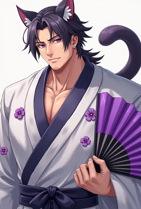 Realistic anime-style 4k quality image , Where is a fat 23-year-old man, Half human and half feline with cat ears, He looks like a younger version of the character Daimon from the game series "the king of fighters", with dark gray purple hair ,  who has a ...