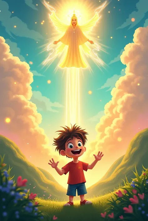 Generate a picture of a cartoon of teenager boy with God who’s calling him from the heaven.