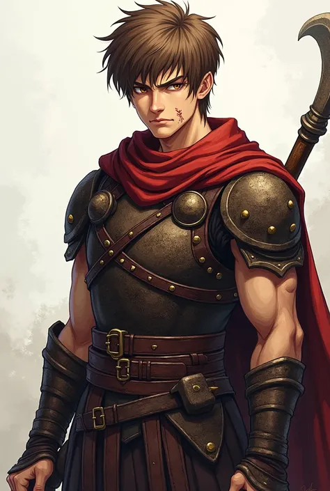 1 man, Solo, High Resolution, Looking at viewer, Short Hair, Brown Hair, Serious, Brown Eyes, Simple background, Anime Style, Fighter, Glaive, Studded Leather Armor, Scars, Full Body