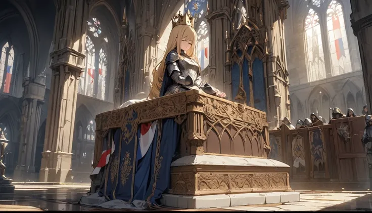  Medieval Europe ,  Detailed , 4K, masterpiece、Woman in armor、 long blonde hair 、 in a church、Sidelong glance、 close your eyes、Mysterious、French flag 、Woman praying on a pedestal with a crown on it 