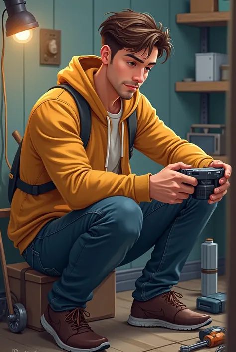 Age: ‏28, clothes: He typically wears simple, practical clothing—hoodies, jeans, and sneakers—but is often seen tinkering with gadgets or tools.

‏	•	Hair: brown, short, and styled neatly.
‏	•	Eyes: Brown, full of warmth and loyalty.
‏	•	Height: 6’0”
‏	•	B...