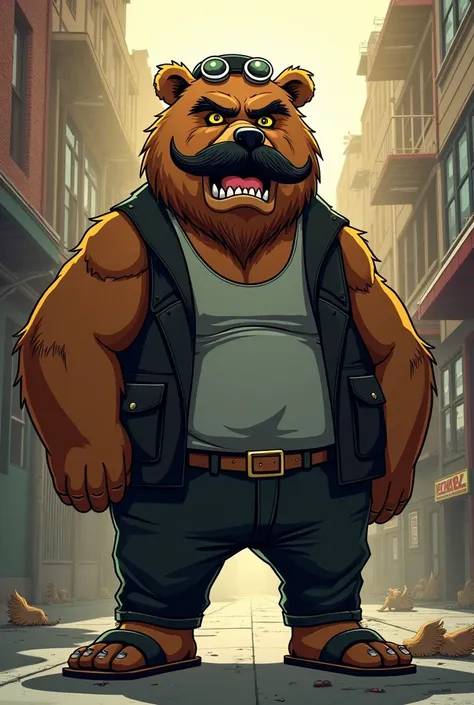 Powerpuff Girls: scatterbrained grizzly bear mobster with black mustache, yellow eyes, gray tank top, black vest jacket, black pants and black sandals 