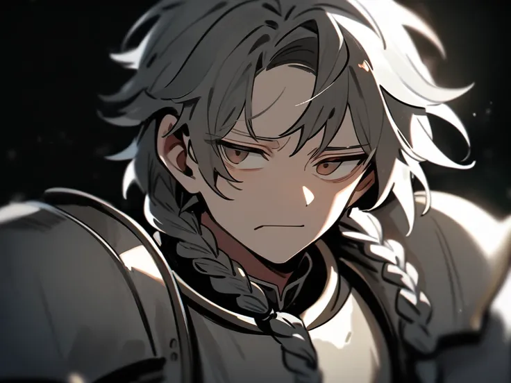 Male, young, medieval style character, gray braids hair, light armor, indifferent face, brown eyes, cut lip, full body, black background, blurred background, pencil manga style.