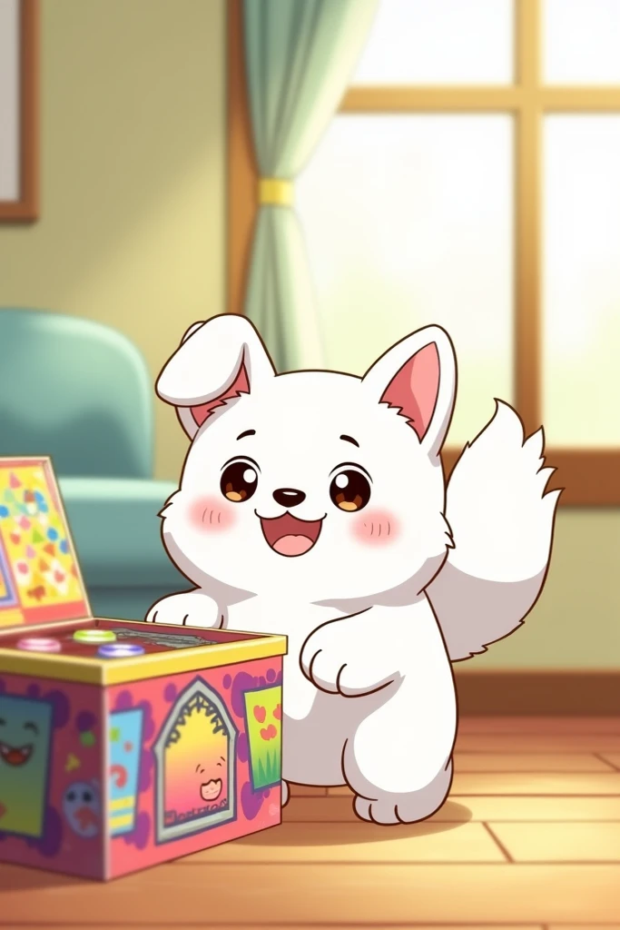 Shiro ( Shin-chans dog) looks excited, wagging his tail next to the toy box