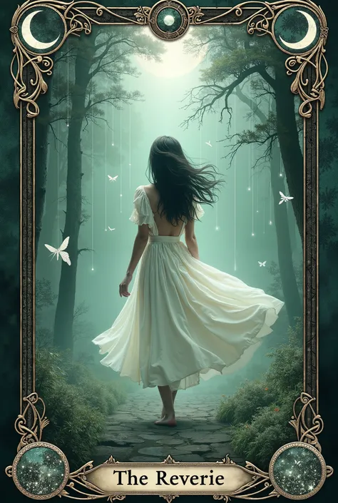 "Transform this ethereal forest photograph into a mystical tarot card titled The Reverie. Maintain the central figure in her flowing white dress with delicate ruffles and windswept dark hair, set against the misty teal-green forest backdrop. Frame the scen...