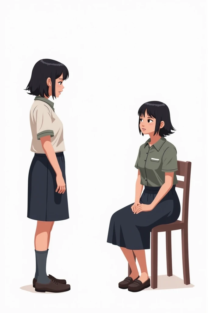 Pixel art balck haired girl in thai uniform short hair interviewing a mom with no table and just talking and white background