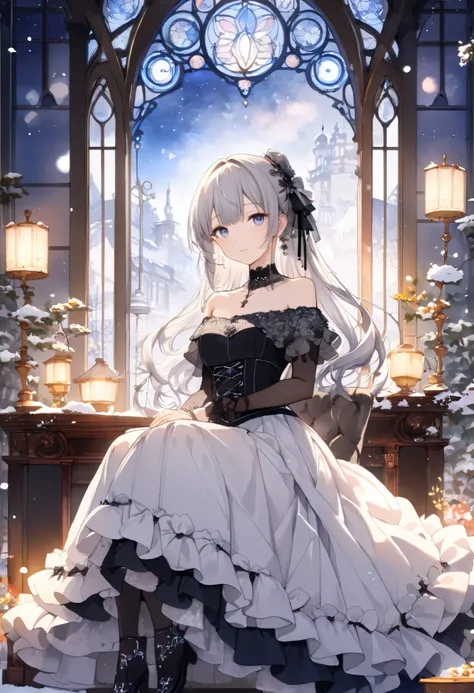   Attractive young woman reading a book by the fireplace  、 night、,(((watercolor))),  (((gothic))), ,she was adorned with hair accessories、,Straight silver hair  。  ruffle mini skirt, sheの表情は自然だ,   with a calm expression. she wore a dress with ruffled slee...