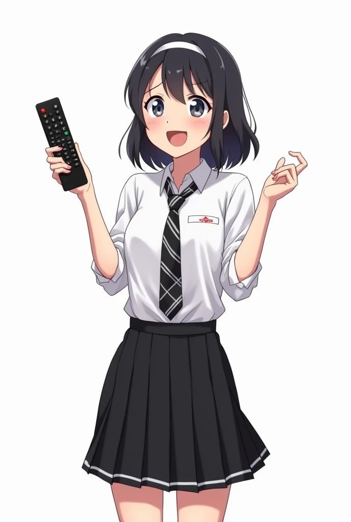 Adult woman standing in the front and her legs and wearing black shoes and uniform white shirt and black tie with black and white lines school and with black skirt and with black and white lines anime image with a remote control black television white back...