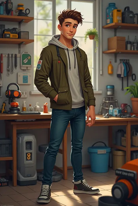 Age: ‏28, clothes: He typically wears simple, practical clothing—hoodies, jeans, and sneakers—but is often seen tinkering with gadgets or tools.

‏	•	Hair: brown, short, and styled neatly.
‏	•	Eyes: Brown, full of warmth and loyalty.
‏	•	Height: 6’0”
‏	•	B...