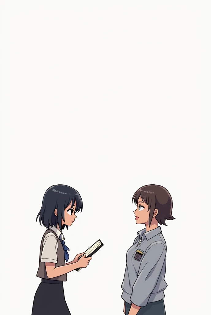 Pixel art balck haired girl in thai uniform short hair interviewing a mom with no table and just talking and white background make a pixel art anime