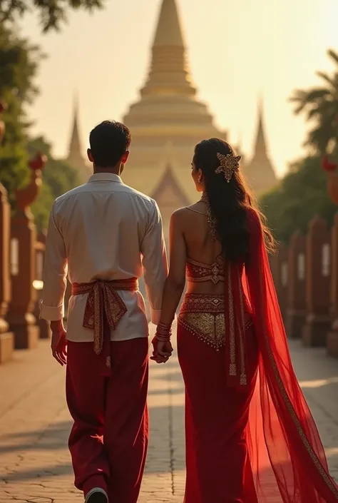 Burmese couple in traditional dress, (sexy look)(a girl having big but) going to pagoda
