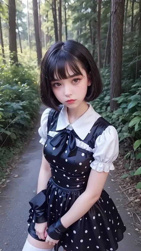 Cute young beautiful fitted girl , perfect anatomy, beautiful face, red lips, black 50s high waisted polka dot fluffy silk dress with short puffy sleeves, women vintage silk polka dot dress fluffy, black silk tie, brunette hair bob haircut with bangs,  bea...