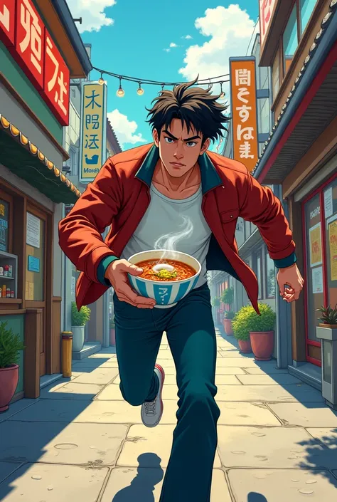 Nippon Shonen manga style 　 man in his 30s rushing with a bowl of ramen