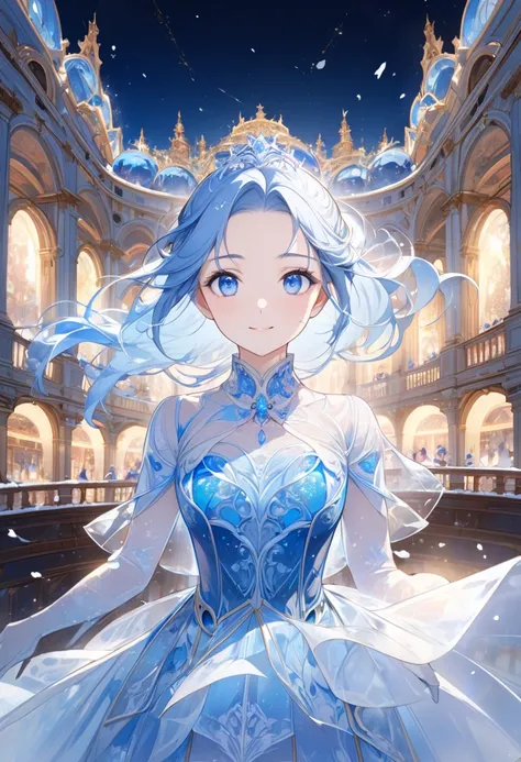 (beautiful and delicate) (Spectacular views illustration), (((Performing an Opera style))), in a blue Transparent clothing, ((frontale, pov, close up face)), )((double exposure best beauty snow)), break, (solo, age 15) (delicate forehead vivid blue hair), ...