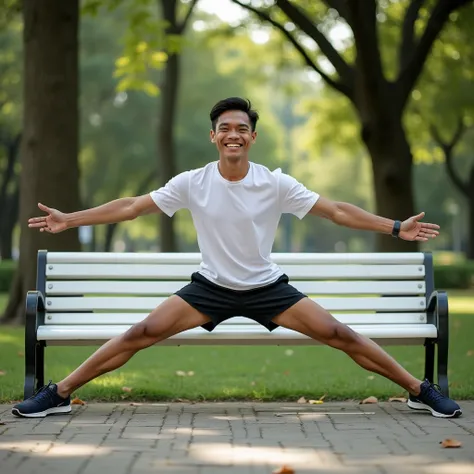 photography realistic.  Young Indonesian man smiling wide with teeth visible . Perform a split motion with straight straddling legs on a white garden bench. The atmosphere of the park . There is a shady tree .