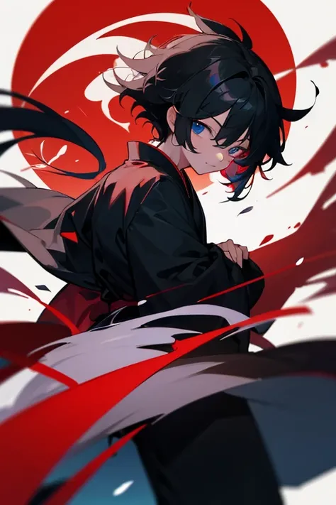 Touhou Lost Word Engetsu Ryumei, black and red kimono, a boy about seven years old with blue eyes