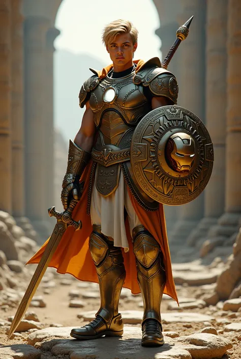  Young man with blond hair and yellow eyes ,  with a well-structured physique ,  carrying the following equipment from Greek mythology , Achilles&#39; Armor,  Hermes boots , atena&#39; the retractable shield ,  the wings of Icarus ,  and wielding a sword c...