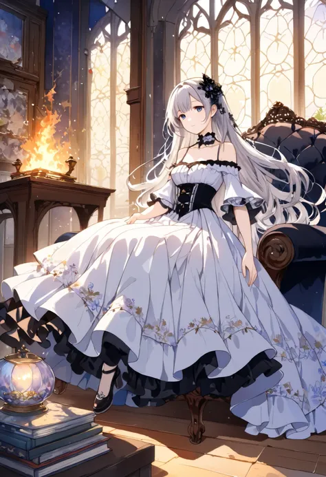   Attractive young woman reading a book by the fireplace  、 night、,(((watercolor))),  (((gothic))), ,she was adorned with hair accessories、,Straight silver hair  。  ruffle mini skirt, sheの表情は自然だ,   with a calm expression. she wore a dress with ruffled slee...