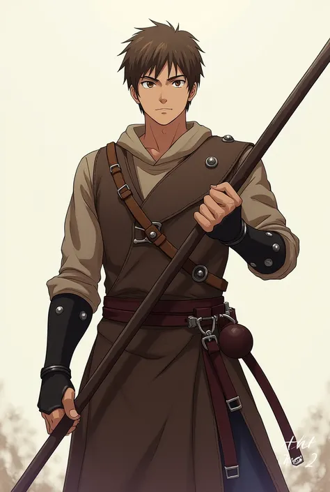 1 man, Solo, High Resolution, Looking at viewer, Short Hair, Brown Hair, Serious, Brown Eyes, Simple background, Anime Style, Fighter, Glaive, Simple Studded Leather Armor, Full Body, No Cloak, D&D