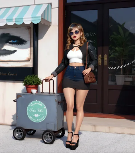 young woman, in front of cafe,  (+forehead, long hair, reddish-brown hair, blonde streaked hair, blonde ombre, two colored hair, sunglasses), black leather long sleeves, black and white gradient round neck undershirt, necklace, navy-blue denim pencil mini ...