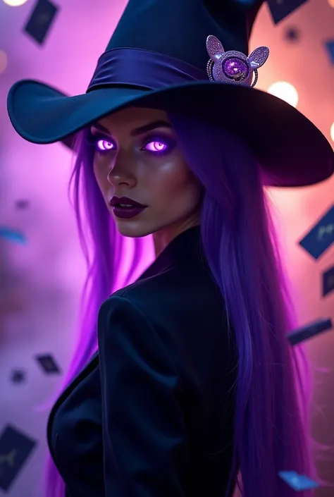 (Best quality), (masterpiece), (detailed), (4k),  girl with a long hair color violet, wearing a magician purple hat, wearing a Black and purple renegade outfit, glowing neon purple eyes in the dark, holding a purple card with purple aura surrounding, illus...