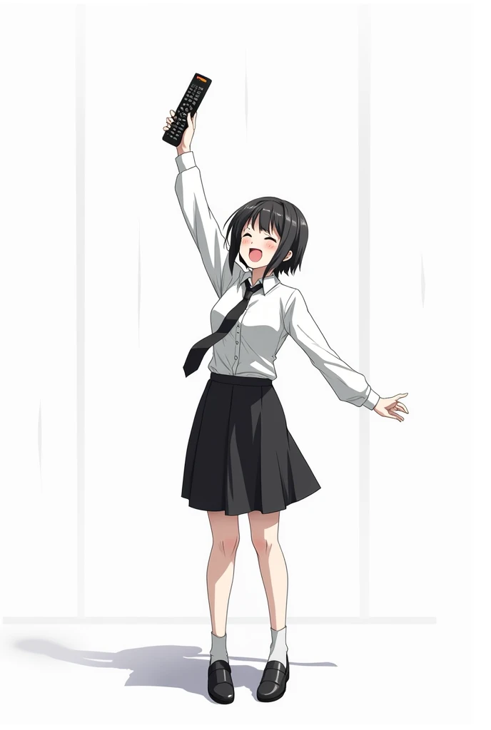 Adult woman standing in the front and her legs and wearing black shoes and uniform white shirt and black tie with black and white lines school and with black skirt and with upward lines black and white anime image with a remote control black television whi...