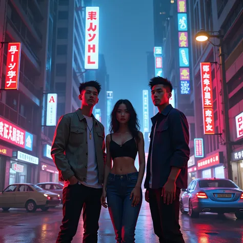 A Thai woman and two Thai men are standing, Blackground Blade Runner city with beautiful Neon lights. Two-tone Ultra HD.