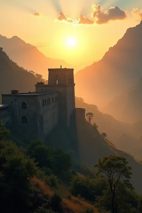 A soft sunrise scene over the Shivneri Fort in the Sahyadri mountains.