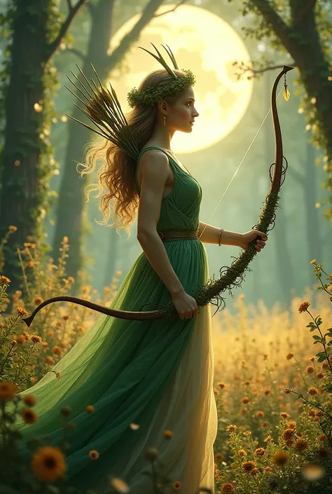 "A fused goddess embodying the wildness of Artemis and the nurturing power of Demeter. She wields a crescent-shaped sickle-bow hybrid, its blade glowing with moonlight and its handle adorned with golden vines. Her arrows resemble sprouting plants tipped wi...