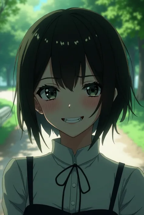 
Anime woman with yandere/psycopathic face. POV from her head to her waist. Background is in the park. 