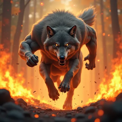 make me a muscular wolf character running with sharp eyes looking forward, burning embers background, full body shot, realistic HD