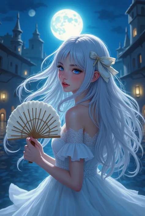 (masterpiece),  best quality,  super detailed, Illustration, Cold lighting, evening,  bright color ,  1 girl, alone,(  beautiful girl with a fan , Long Hair,  blue eyes, ribbon,  silver hair,  hair between eyes, hair ribbon,  side lock, very Long Hair,  me...