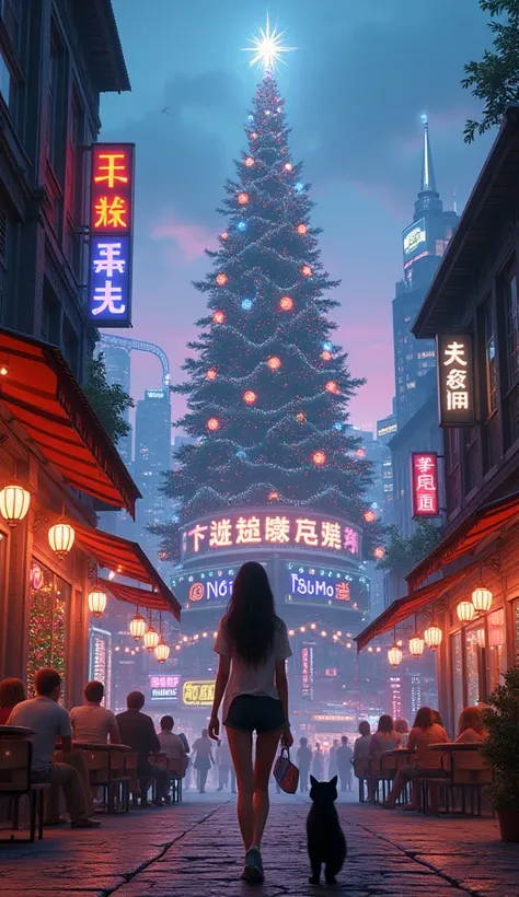  Fantastic and fantastic, behind the narrow alley of stateless people at dusk 。 This place is on a hill and you can see a cyberpunk futuristic city 。 A super huge Christmas tree taller than clouds flashes brightly in the center of the city、It has an overwh...