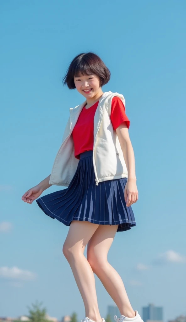  super high definition 、 real photo、 under the blue sky、Outdoor Stage、３０Female dancer with short cut hair with a baby face 、 red short sleeve shirt and white hooded sleeveless life jacket、 pleated miniskirt is dark blue with thin vertical lines 、White snea...