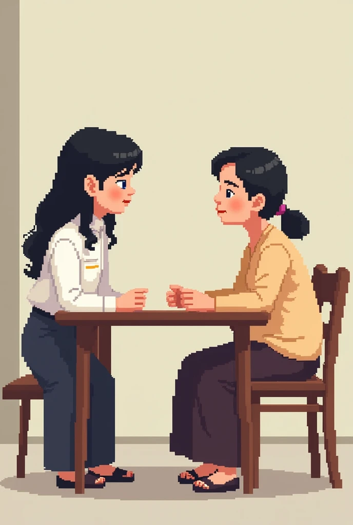 Pixel art black haired  in thai uniform interviewing a mom with no table and just talking make a pixel art anime pixel anime