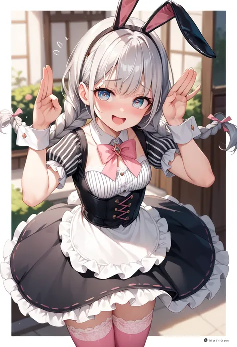 (masterpiece), best quality, expressive eyes,perfect face,(an illustration of a girl),(with silver long twin braids:1.2), (she wearing white striped blouse with short sleeve under lace black dress:1.1) ,pink thighhighs, Embarrassed, moist eye, happy face, ...