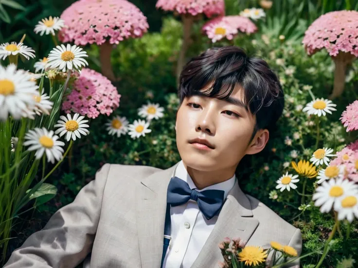 Korean boy in his 15s, with mushroom hair and wearing a suit with a bow, Lying on flowers,  looking at the stars  