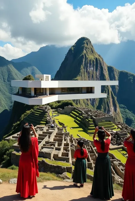 le corbusiers modernist building at the top of machu pichu with peruvians taking pictures