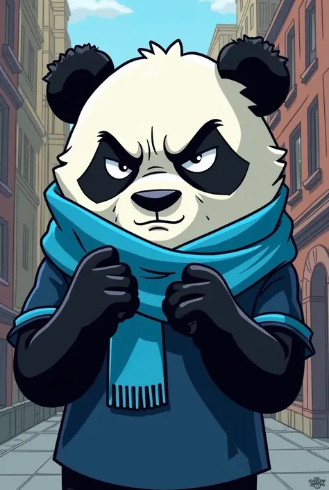 Powerpuff Girls: analytical panda bear mobster with cornflower blue scarf and navy blue sports jersey 