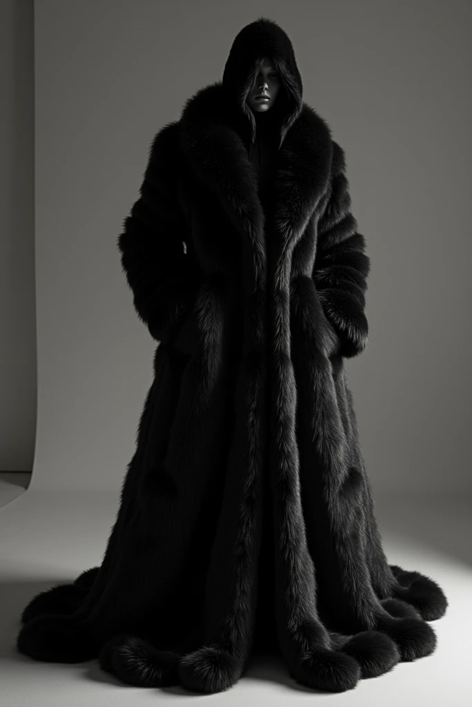 a black and white, floor-length fur coat