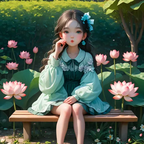 Anime girl sitting on a bench in a garden with lotuses