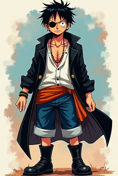 monkey d luffy,  long, messy hair ,  with a black patch on the left eye , indifferent face,  black leather captains coat,  open white button shirt ,  dark blue pants ,  black leather boots , full body and somewhat stocky in the style of one piece manga col...