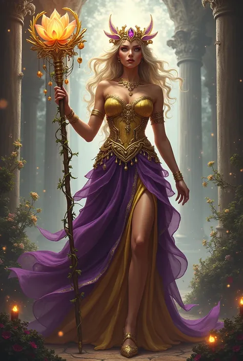 "A fused deity combining the majesty of Hera and the chaos of Dionysus. This divine figure wields a staff entwined with golden ivy, crowned with a glowing lotus flower and pulsating amethyst. Her gown flows with gold and deep purple hues, blending elegance...