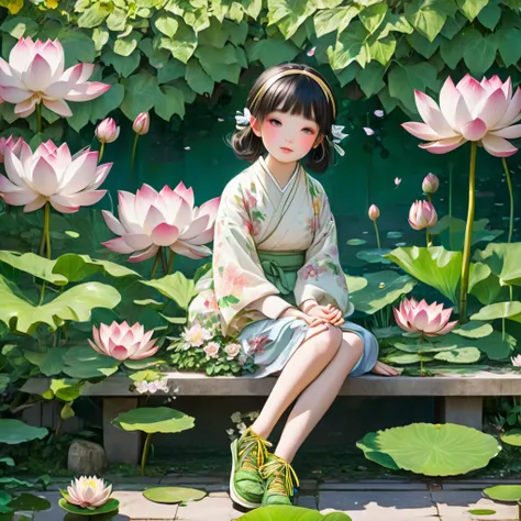 Anime girl sitting on a bench in a garden with lotuses