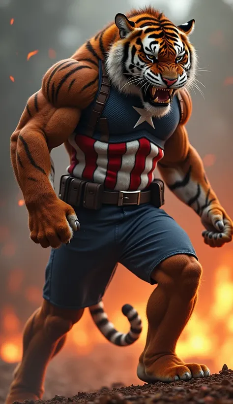 make me a muscular tiger character who is stepping on Captain America with his foot, Captain America is in a lot of pain because he was stepped on, background of burning embers, full body shot, realistic HD