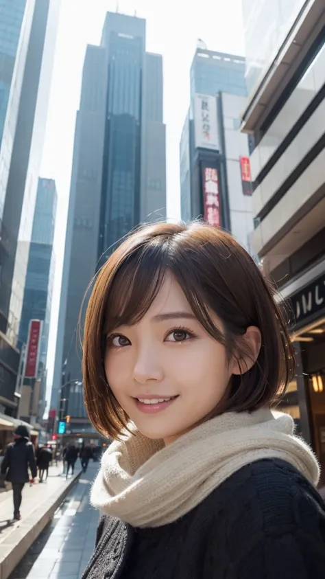 highest quality、genuine、Super detailed、finely、High resolution、8k wallpaper、one beautiful japanese woman Walking  Under the skyscraper、light brown short hair、sharp focus、perfect dynamic composition、beautiful and detailed eyes、thin short hair、Detailed genuin...