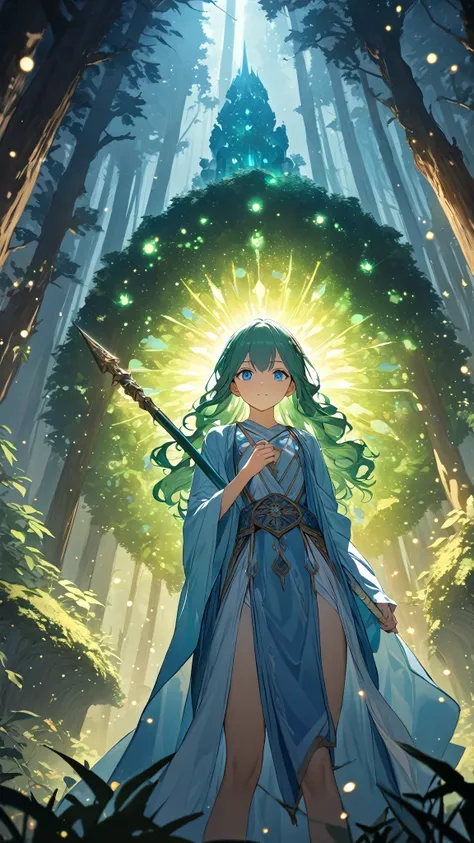 1girl, solo, wearing a flowing robe, intricate patterns, vibrant colors, long wavy hair, bright blue eyes, determined expression, petite build, holding a magical staff, standing in a mystical forest, glowing plants, ethereal light, surrounded by sparkling ...