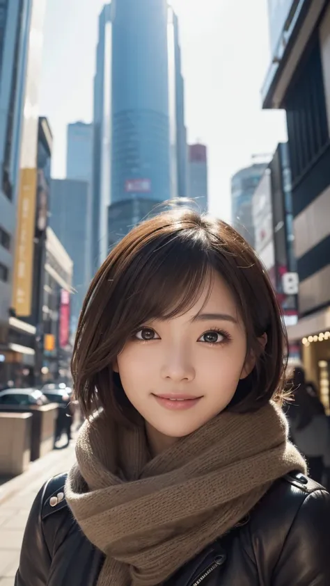 highest quality、genuine、Super detailed、finely、High resolution、8k wallpaper、one beautiful japanese woman Walking  Under the skyscraper、light brown short hair、sharp focus、perfect dynamic composition、beautiful and detailed eyes、thin short hair、Detailed genuin...