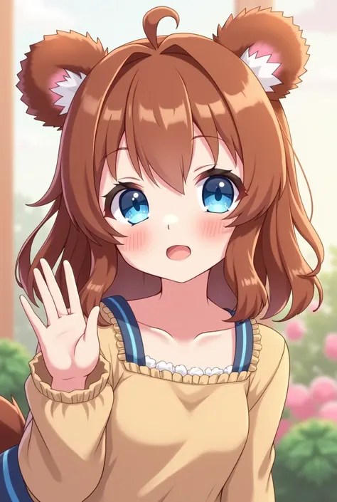 Create an anime-style character with brown haired bear ears and blue eyes waving 